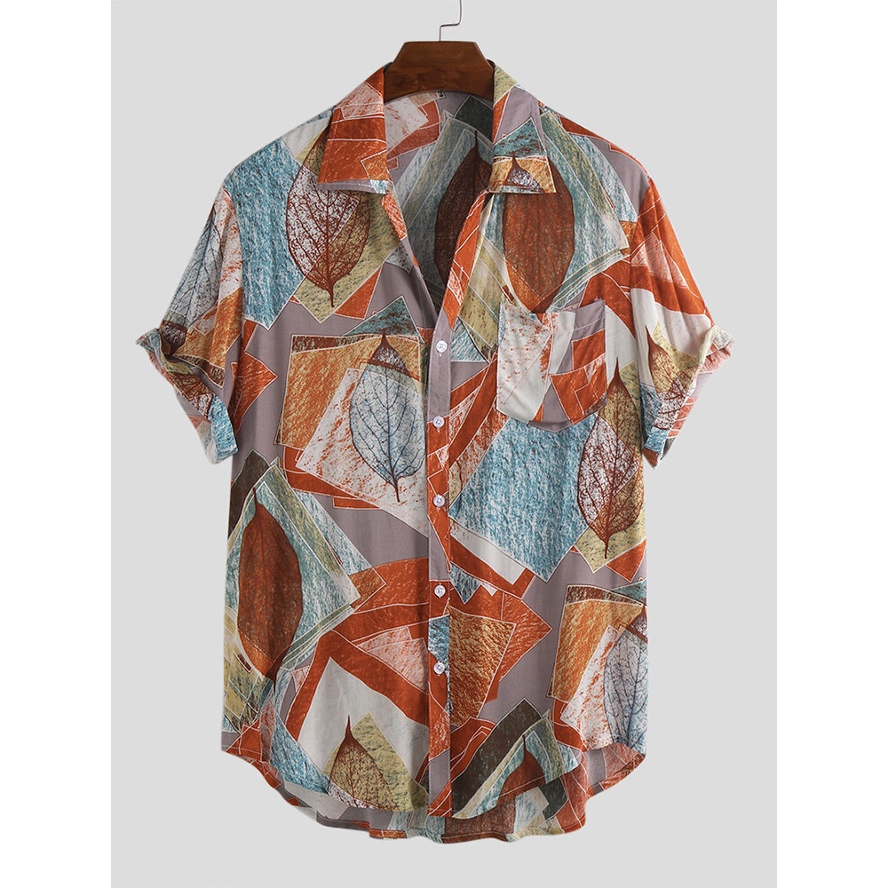 Men Leaf Printed Hit Color Turn Down Collar Short Sleeve - XL Yellow
