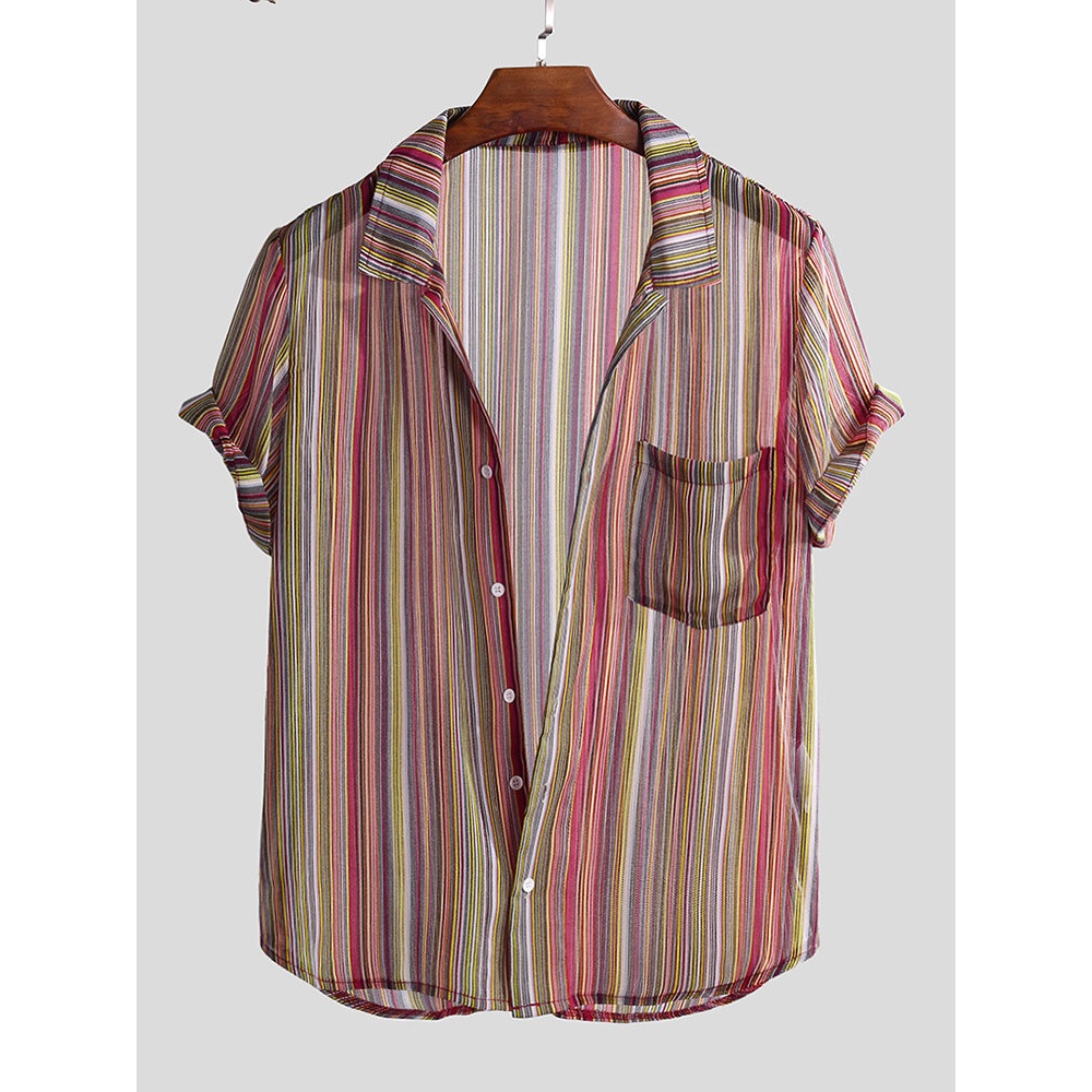 Men Summer Perspective Breathable Striped Lightweight Shirt - 2XL Purple