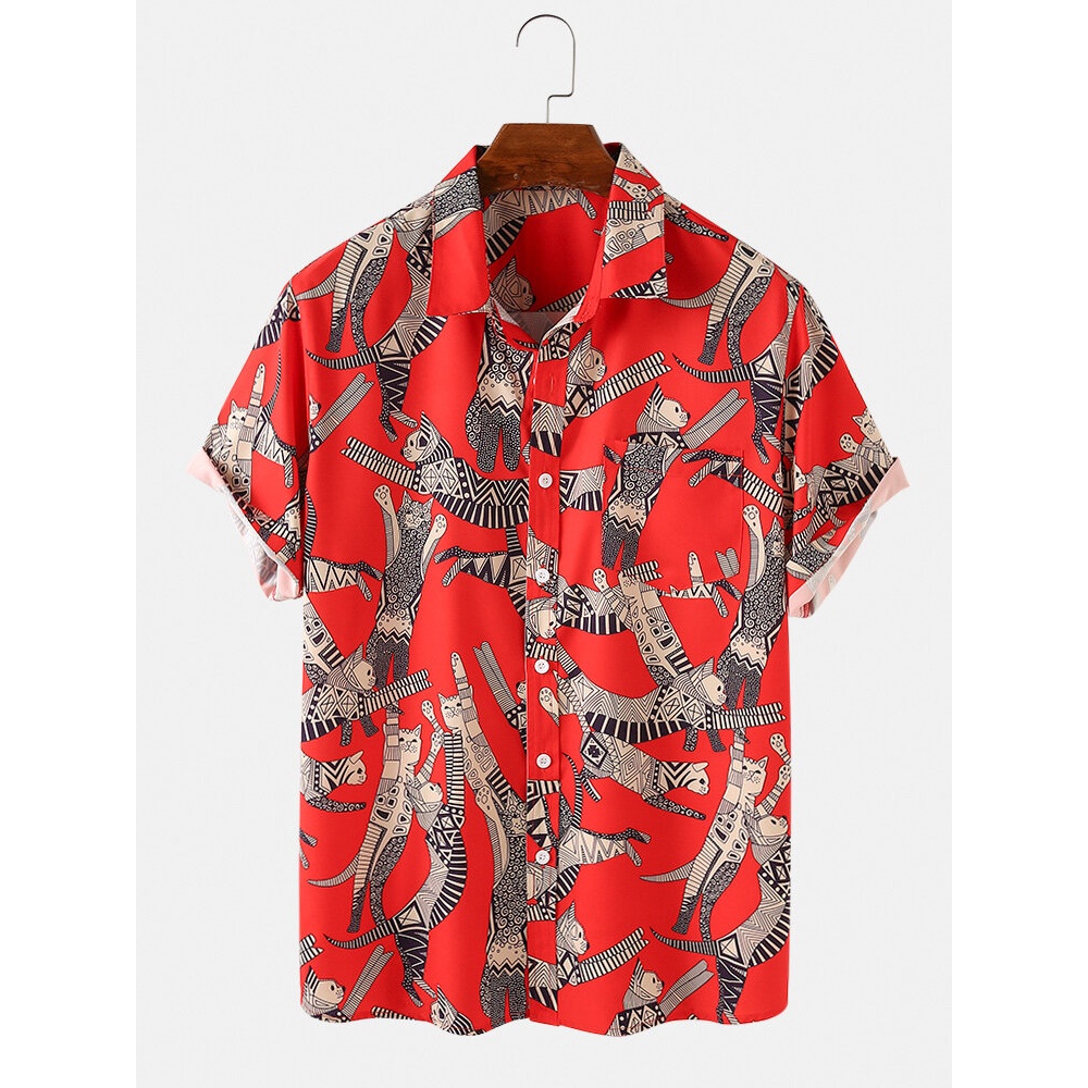 Mens Funny Cat Cartoon Short Sleeve Casual Shirts - Red S