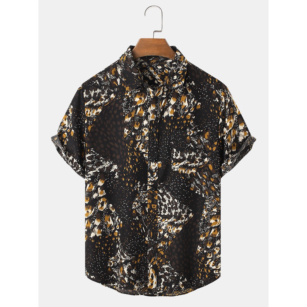 Mens Leopard Animal Pattern Button Up Short Sleeve Shirts - Blue S