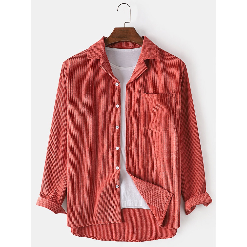 Corduroy Mens Solid Color Long Sleeve Casual Shirts With Pocket - Light Green S