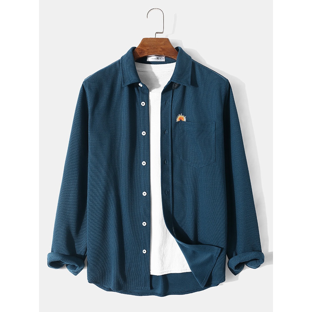 Men Embroidered Chest Pocket Long Sleeve Lapel Collar Casual Shirts - Blue S