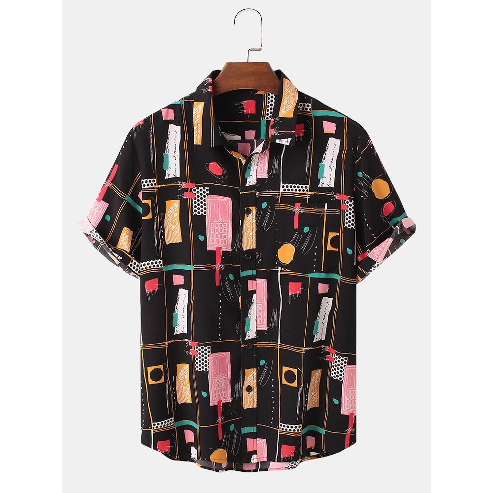 Mens Casual Muiti Funny Cartoon Pocket Shirts - Black S