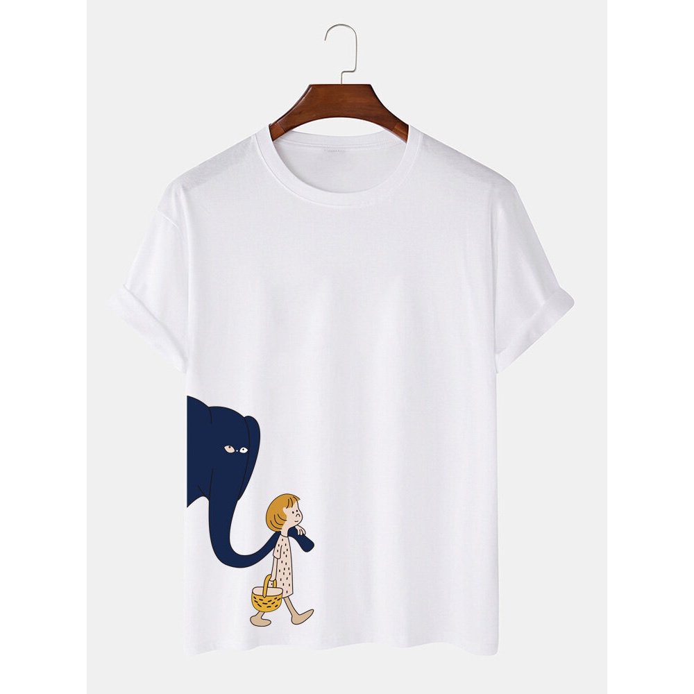 Cotton Cartoon Girl Holding Elephant Print Short Sleeve T-Shirts - Khaki S