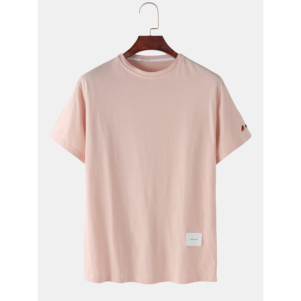 Cotton Fruit Watermelon Embroidery Round Neck Short Sleeve Casual T-Shirts - White M