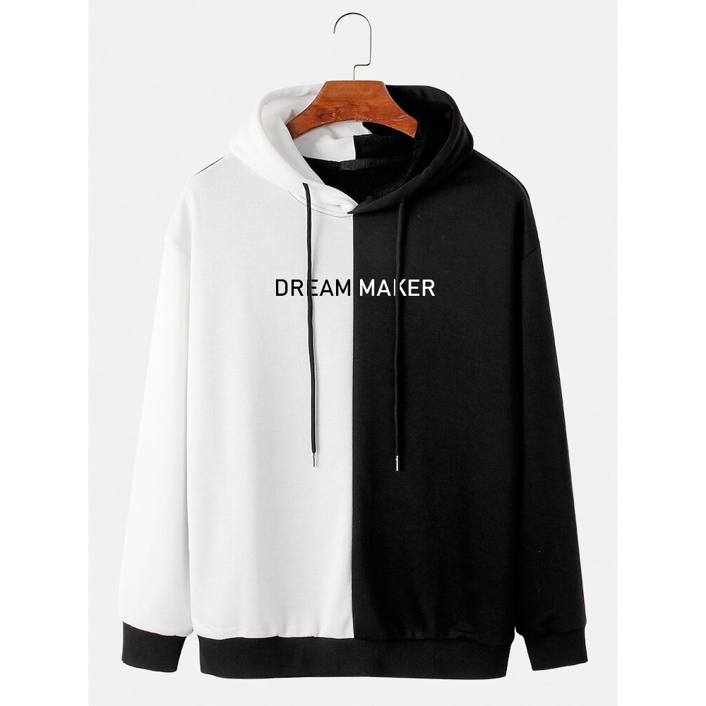 Mens Two Tone Patchwork Slogan Printed Cotton Casual Drawstring Hoodies - S Black