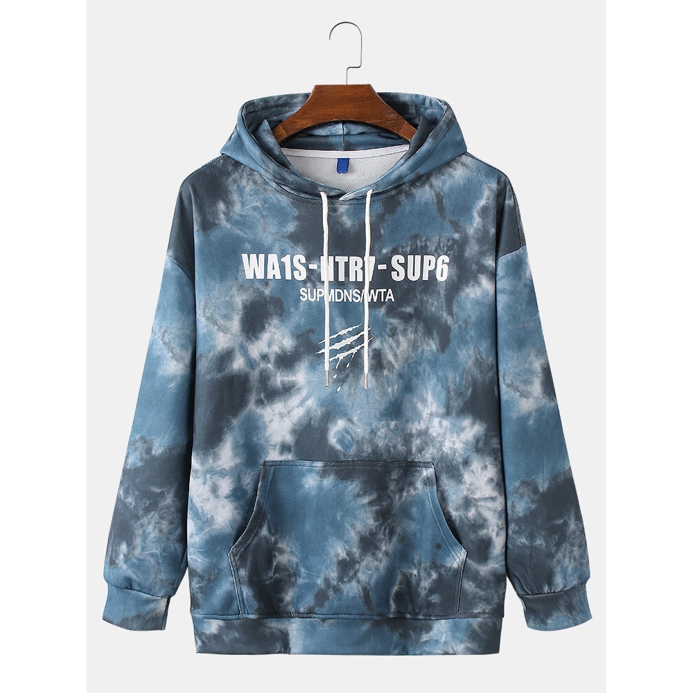 Mens Tie-Dye Letter Print Cotton Drop Sleeve Pouch Pocket Drawstring Hoodies - Black S