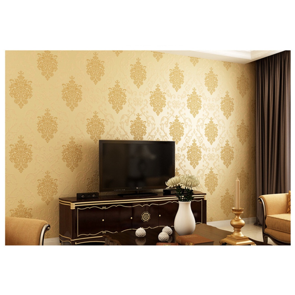 53cmx10M 3D Wallpaper Roll Non-woven European Gold Damask Embossed Textured - Yellow - Image 2