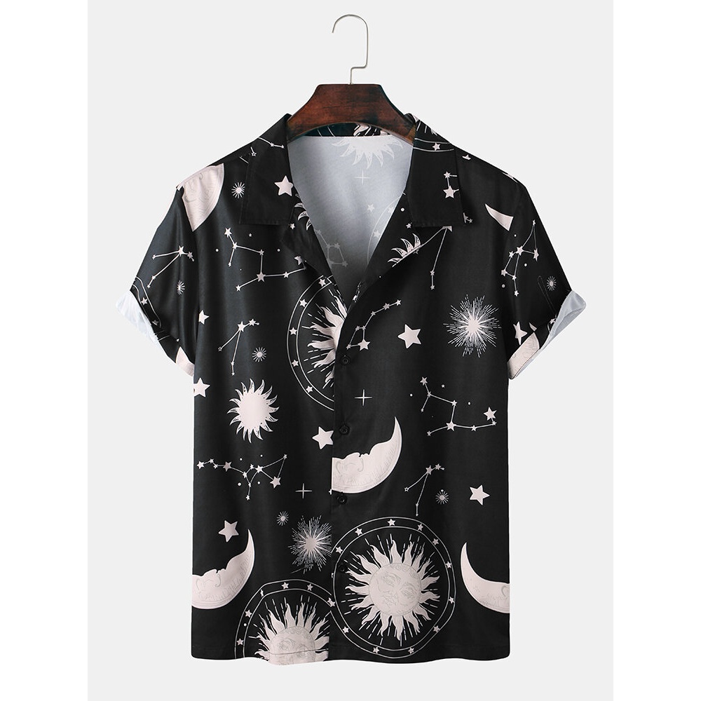 Mens Cartoon Starry Sky Printed Casual Turn Down Collar Short Sleeve Shirts - Black XL