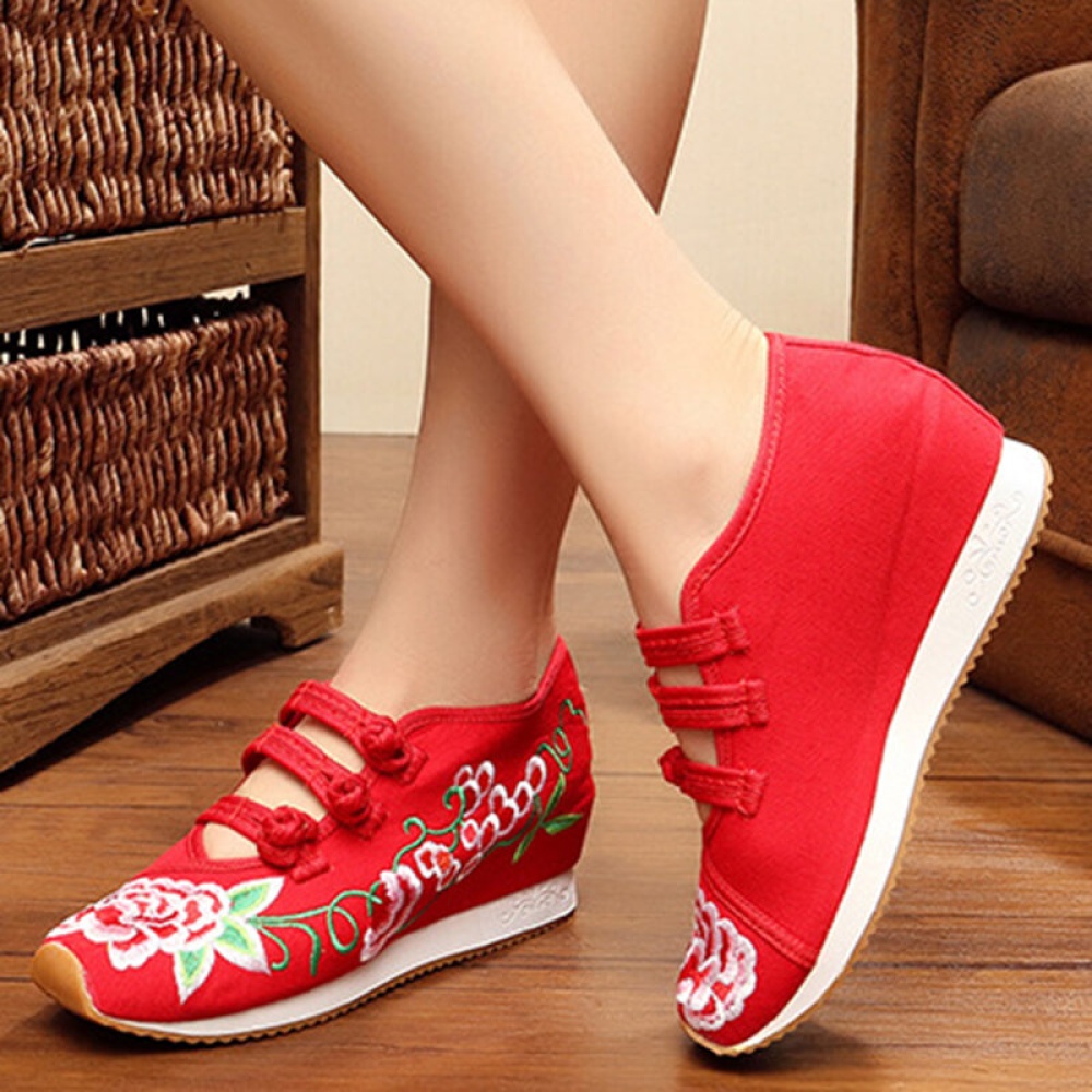 Women's New Kapok Fashion Chinese Style Retro Embroidered Frog Canvas Climbing Shoes Folk-custom Square Dance Shoes - 35 Yard EU Red