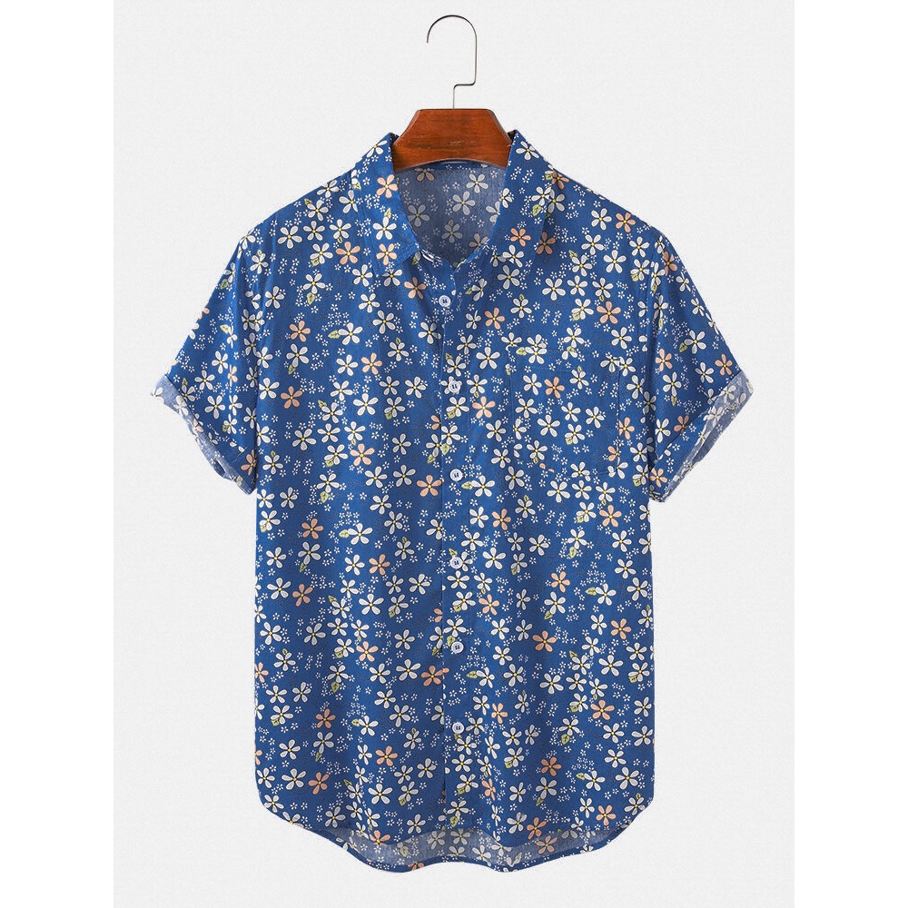 Cotton Mens Casual Floral Print Chest Pocket Turn Down Collar Holiday Beach Short Sleeve Shirts - Blue M