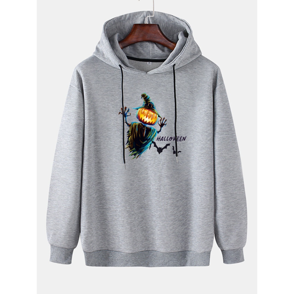 Mens  Pumpkin Scarecrow Print Drop Shoulder Cotton Drawstring Hoodies - Green 2XL