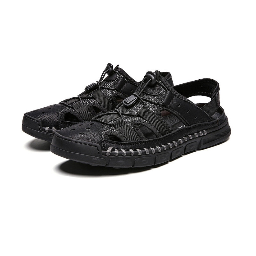 Casual Sandals Beach Shoes Lightweight And Comfortable Rubber Sole Leather Sandals For Men Outdoor Shoes - Black 9 - Image 2