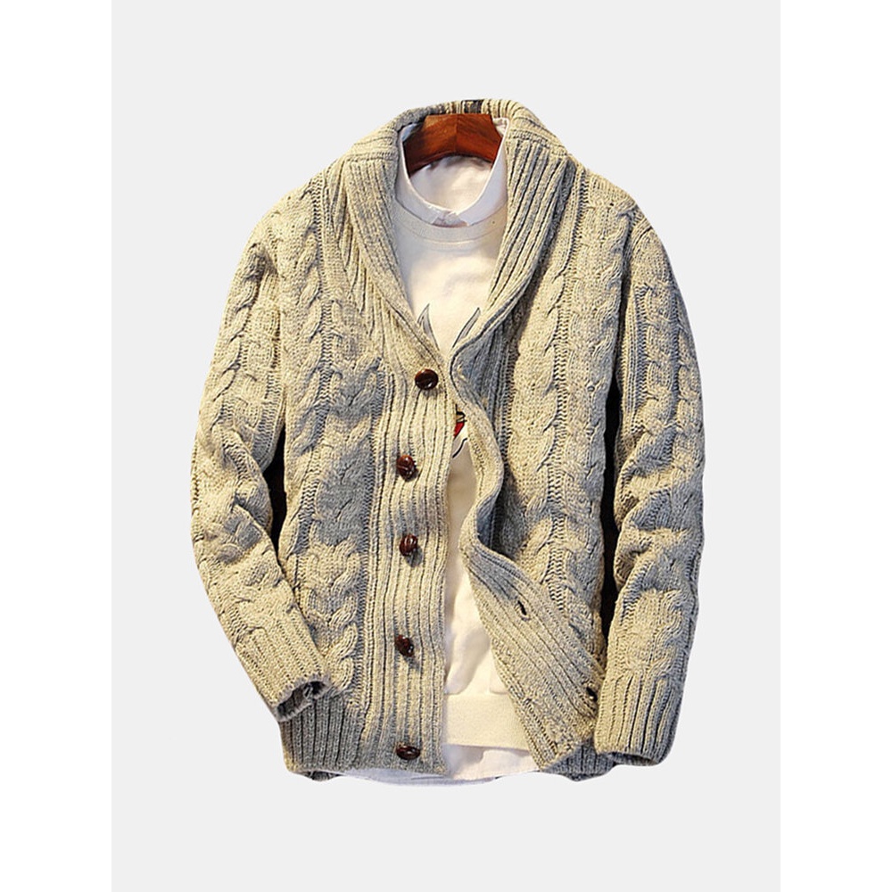 Men Casual Turn Down Thicken Knit Single Breasted Cardigans - M Navy Blue