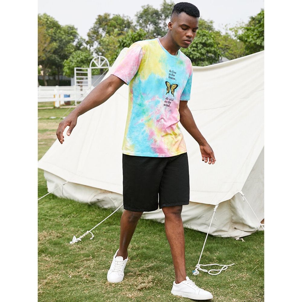 Mens Casual Butterfly Letter Print Street Tie Dye Short Sleeve T-Shirts - Pink L