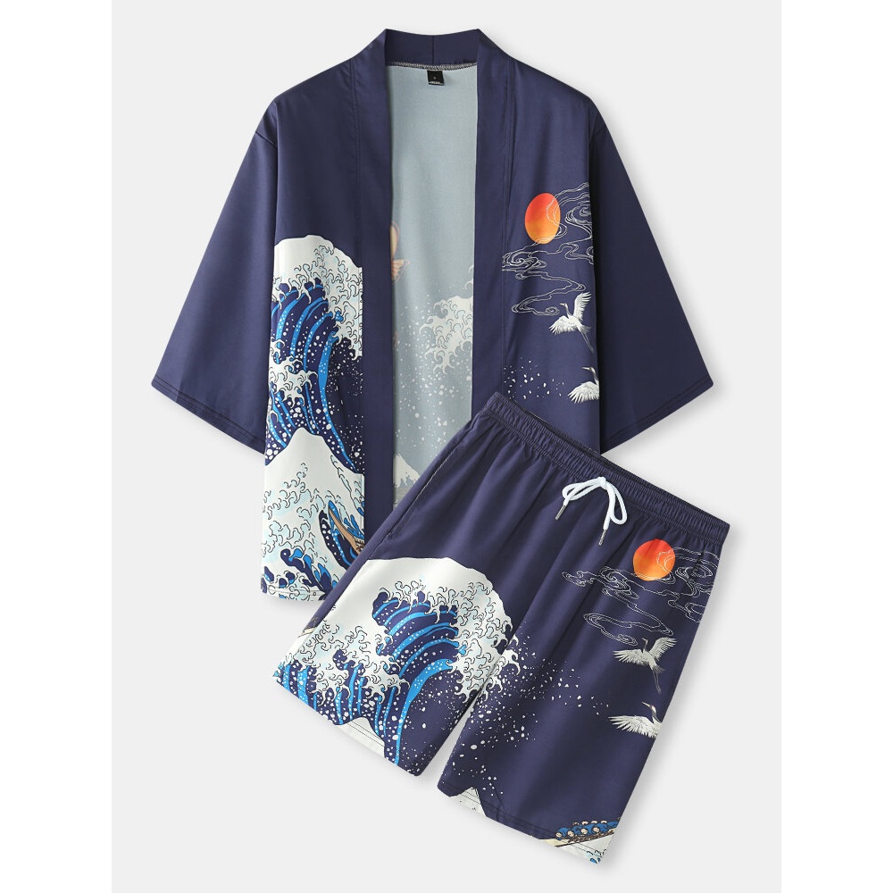Mens Japanese Kimono Wave & Koi Ukiyoe Back Print Two Pieces Outfits - Navy S