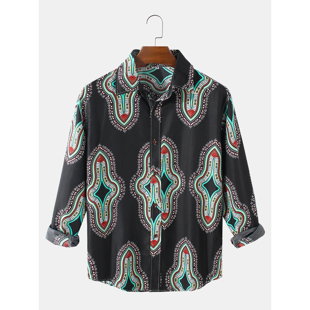 Mens Ethnic Tribal Printed Button Up Casual Long Sleeve Shirts - Black XL