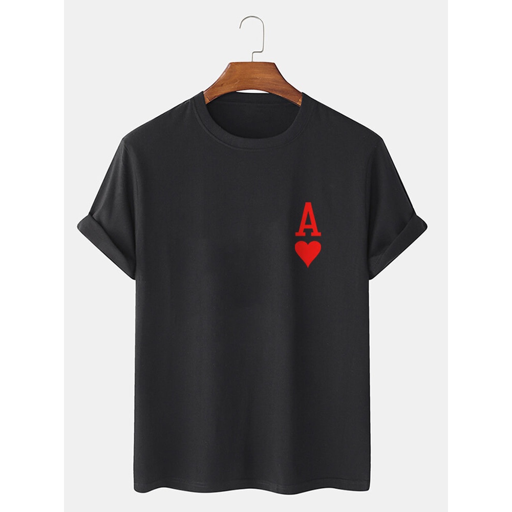 Mens Ace Of Hearts Poker Print 100% Cotton Short Sleeve T-Shirts - Black S