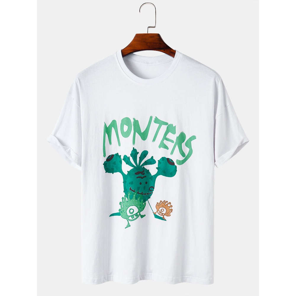 Cartoon Monters Print Round Neck Cotton Breathable Short Sleeve T-Shirts - White 2XL