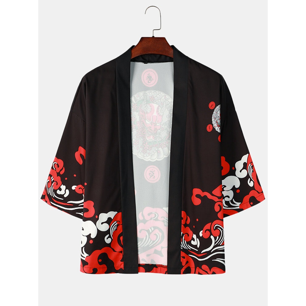 Mens Casual Wave Ukiyoe Print Open Front Loose Kimono - Black S