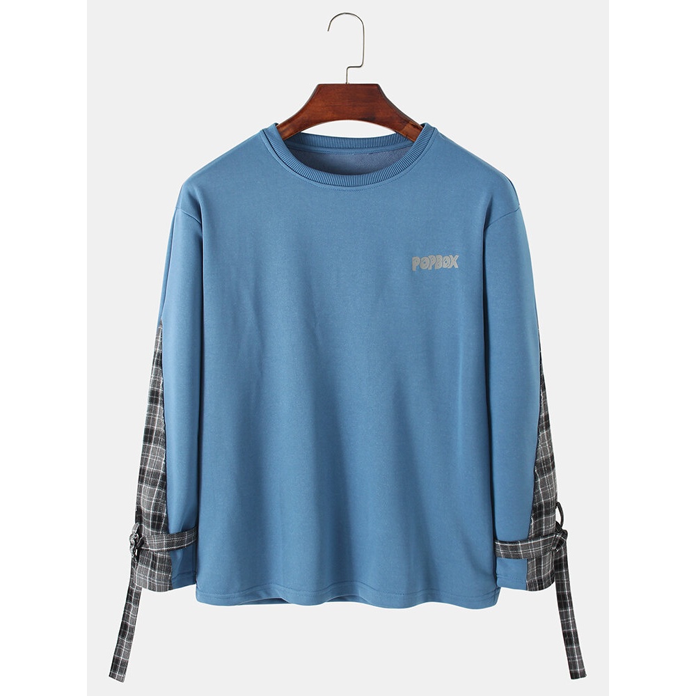 Mens Letter Print Side Patchwork Plaid Pullover Design Sweatshirts - White L