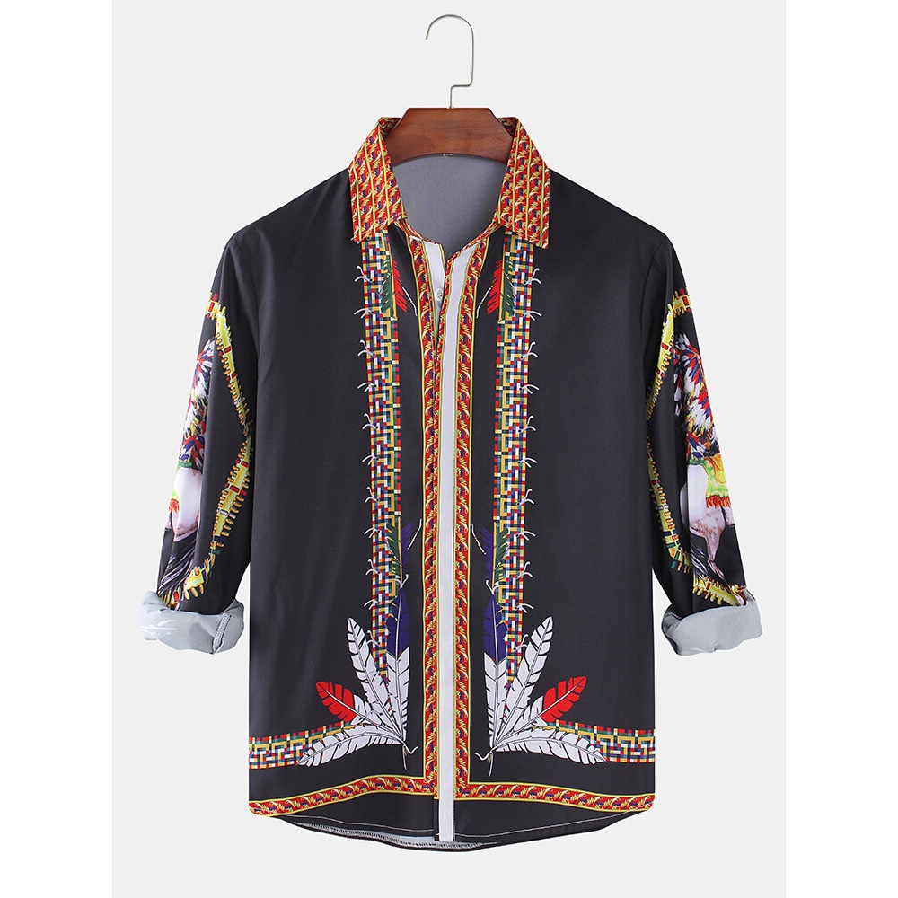 Mens Indian Ethnic Style Print Long Sleeve Black Casual Shirts - Black S