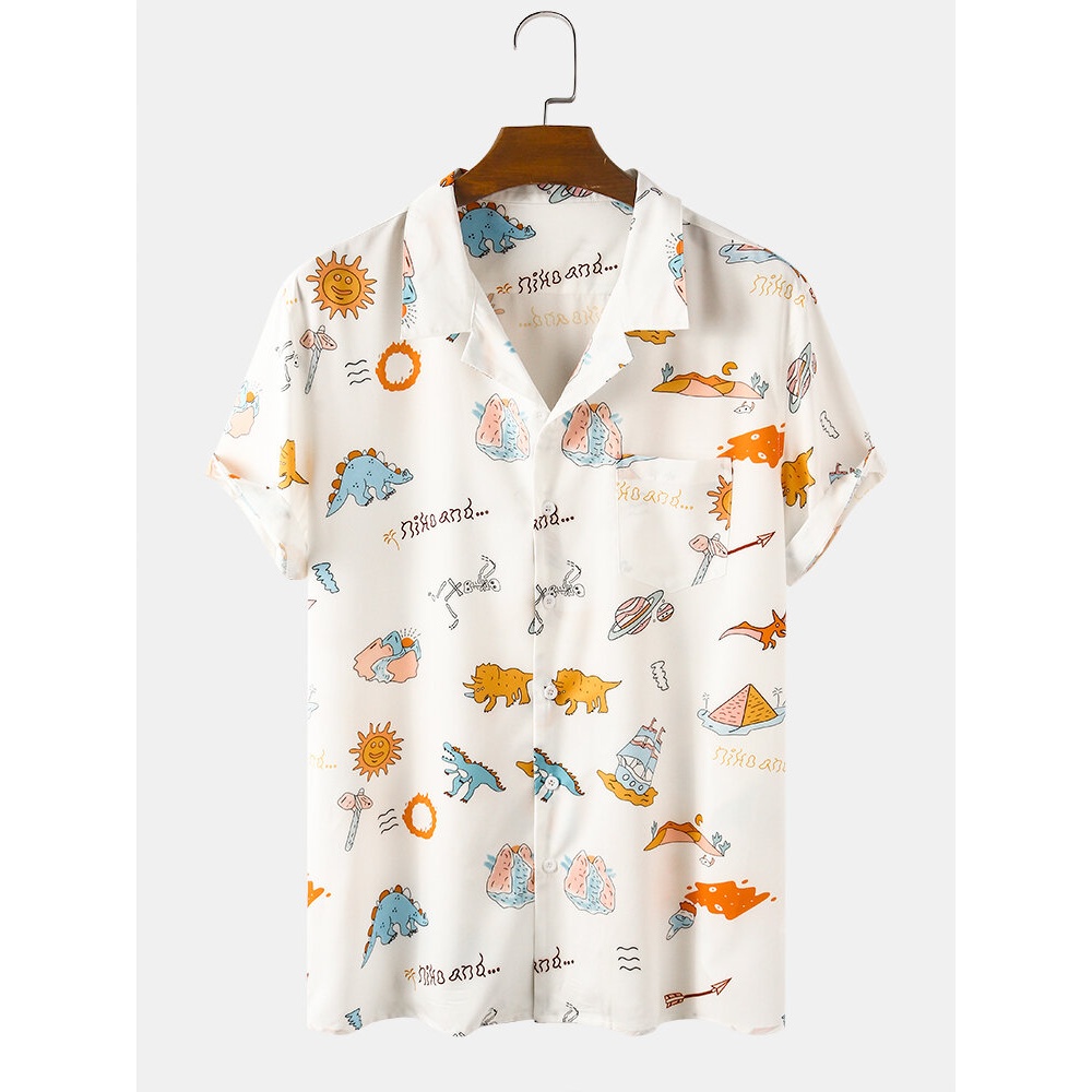 Mens Dinosaur Sun Cartoon Turn Down Collar Casual Shirts - White S