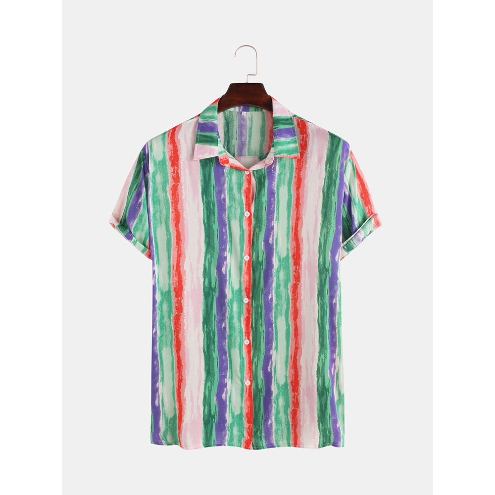 Mens Multi Color Stripe Printing Short Sleeve Casual Shirts - S Red