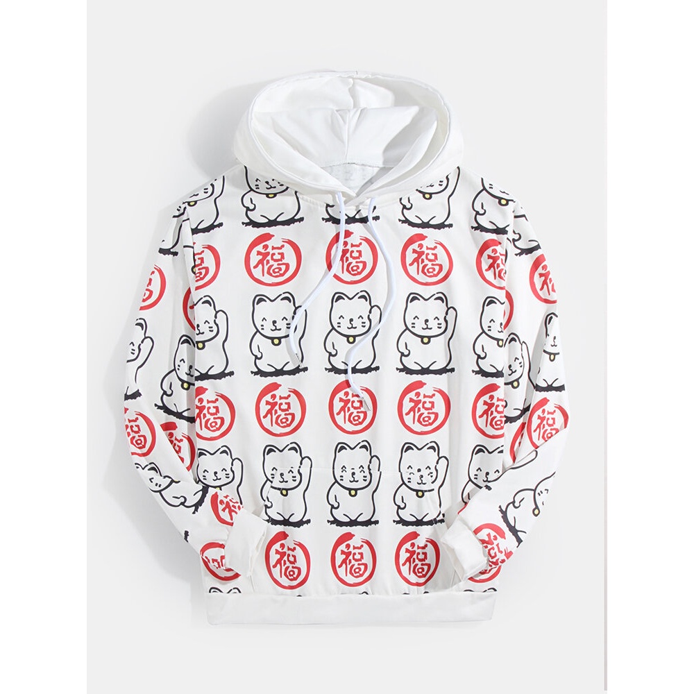 Mens Text Print Lucky Cat Print Chinese Style Hoodies With Kangaroo Pocket - M Apricot