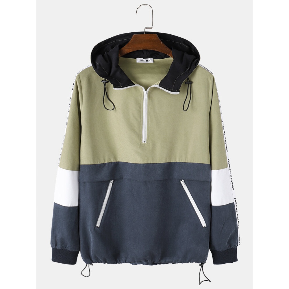 Mens Patchwork Color Block Zipper Front Hoodie Portable Windbreaker Jacket - Green S