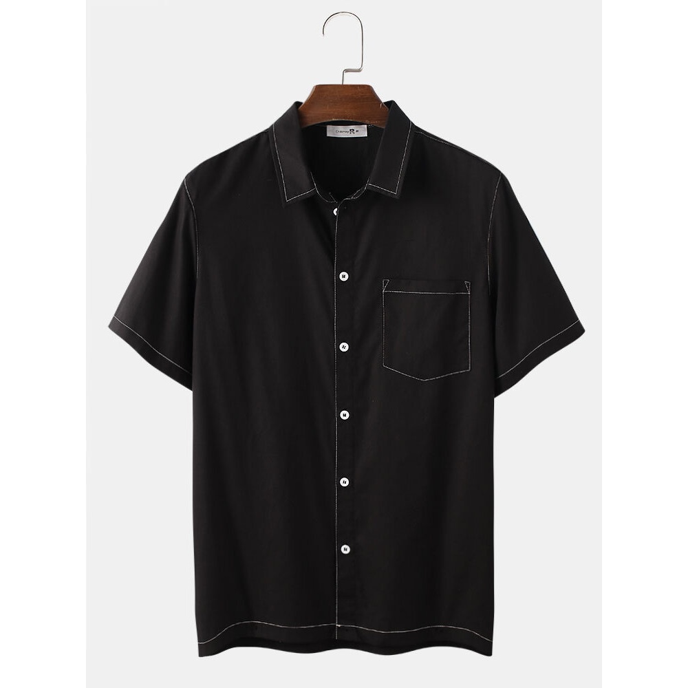Mens 100% Cotton Solid Color Pocket Casual Shirts - Black S
