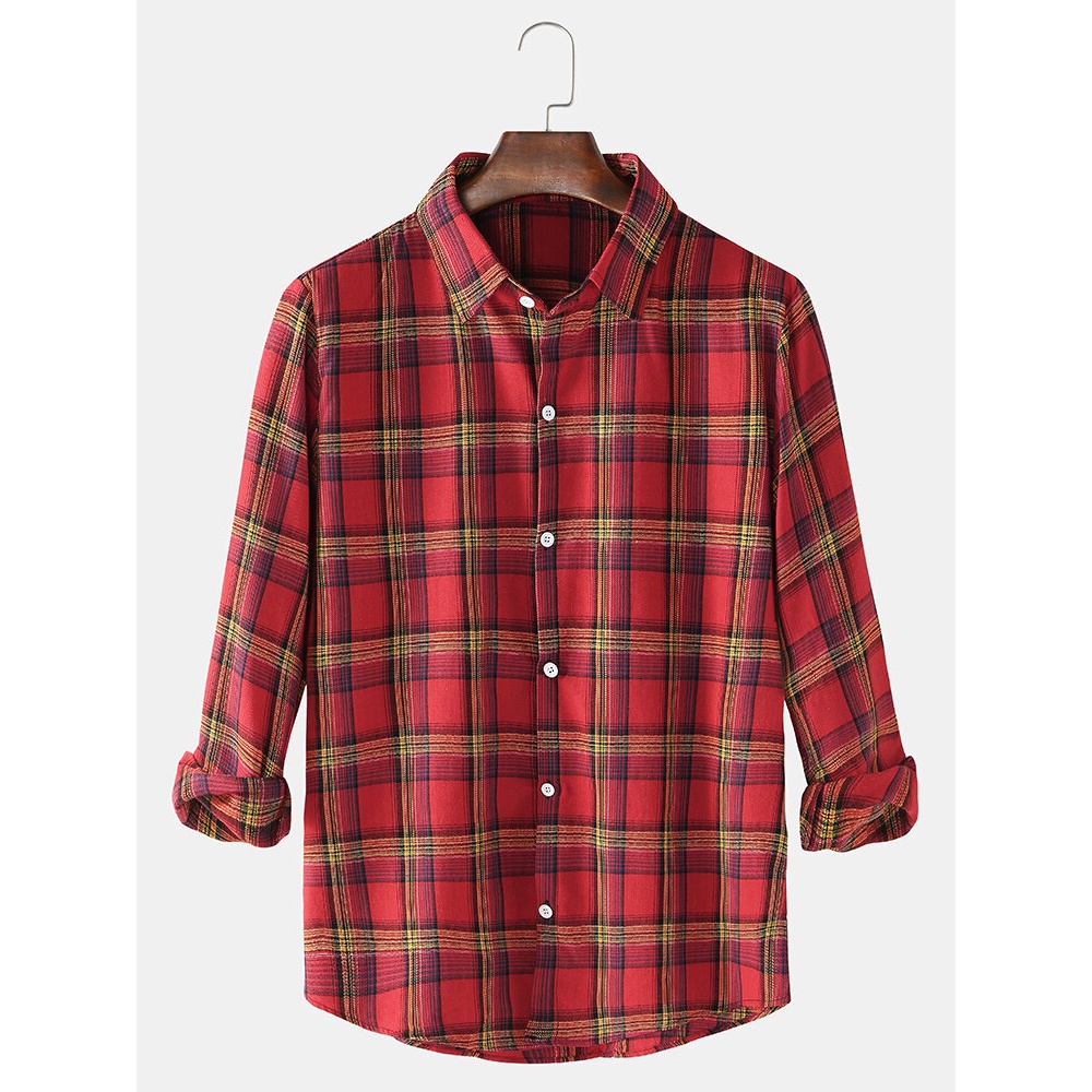Plaid Print Lapel Collar Button Up Long Sleeve Casual Shirts For Men - Red S
