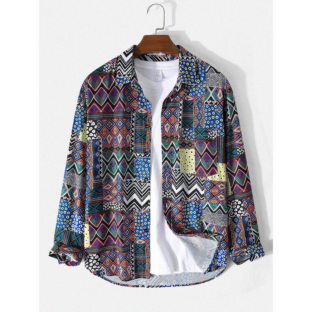 Mens Mixed Tribal Pattern Ethnic Style Lapel Long Sleeve Shirt - Blue S