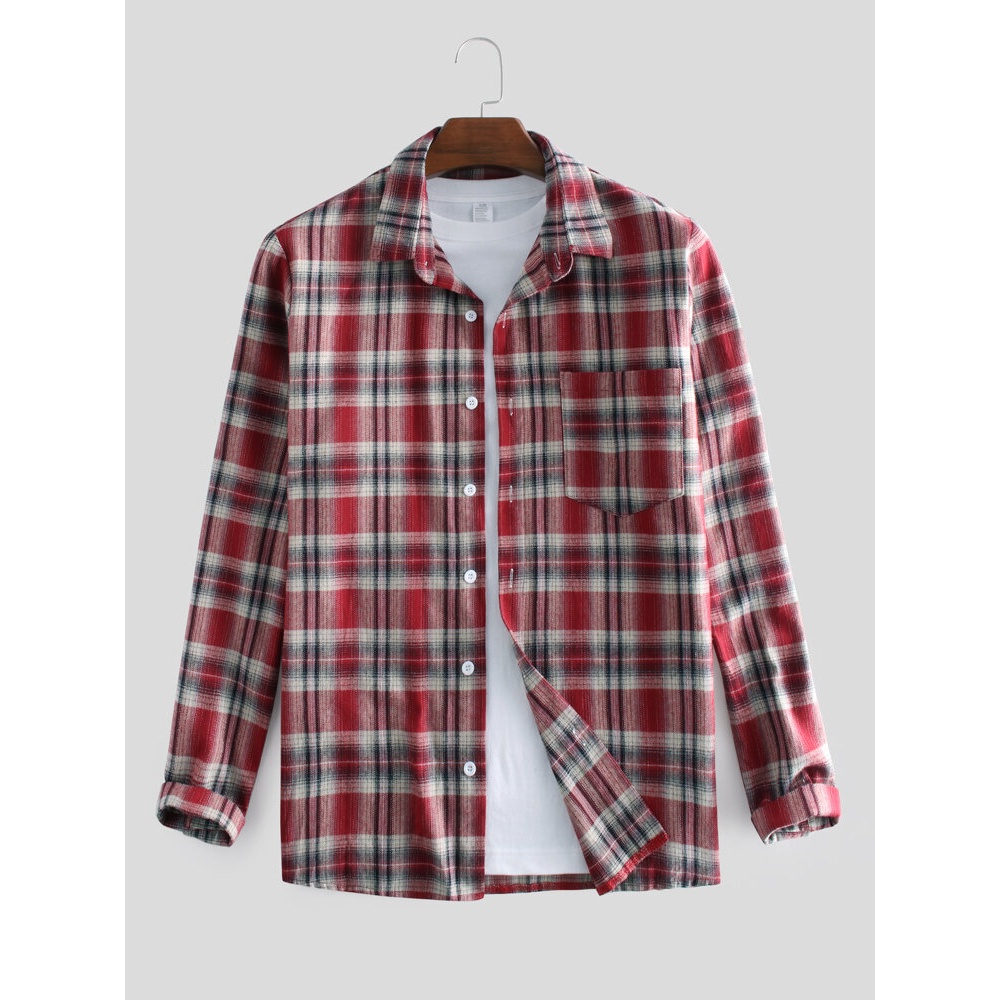 Mens 100% Cotton Plaid Printed Chest Pocket Long Sleeve - 2XL Green