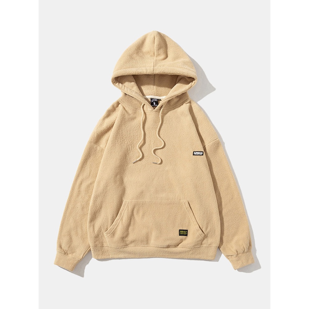 Men Polar Fleece Drawstring Kangaroo Pocket Solid Hooded Sweatshirt - Khaki M