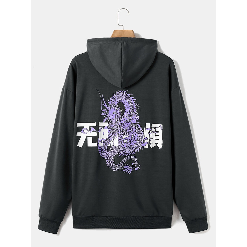 Mens Dragon Chinese Character Back Print 100% Cotton Drawstring Hoodies - Dark Grey M