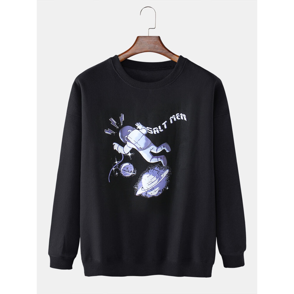 Mens Space Astronaut Letter Print Drop Sleeve Cotton Pullover Sweatshirts - Black XL