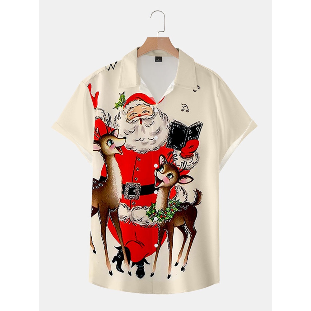 Men  Santa Claus Lapel Collar Short Sleeve Casual Shirts - Beige S