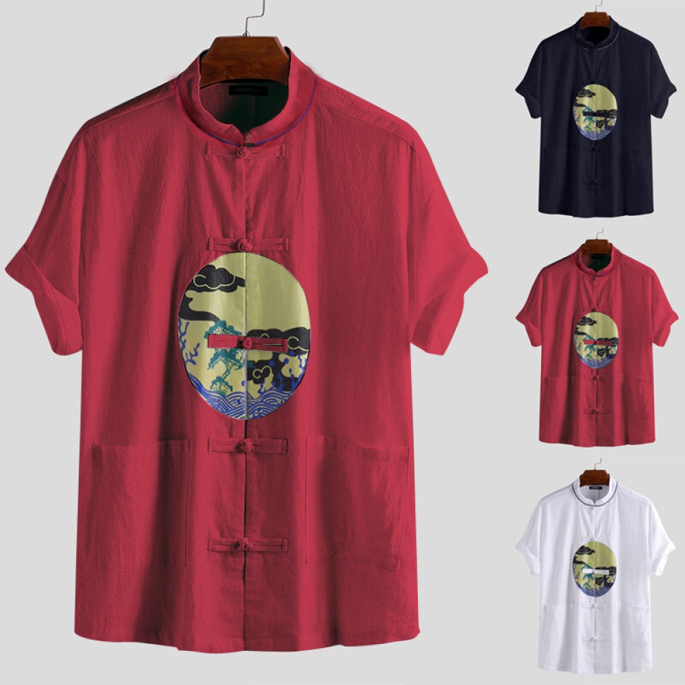 Men Chinese Style Button Front Shirts Summer Short Sleeve Traditional Blouse Top - S Black