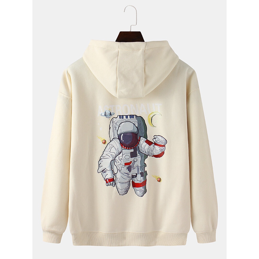 Mens Cartoon Astronaut Back Print Drop Shoulder Kangaroo Pocket Hoodies - Black M