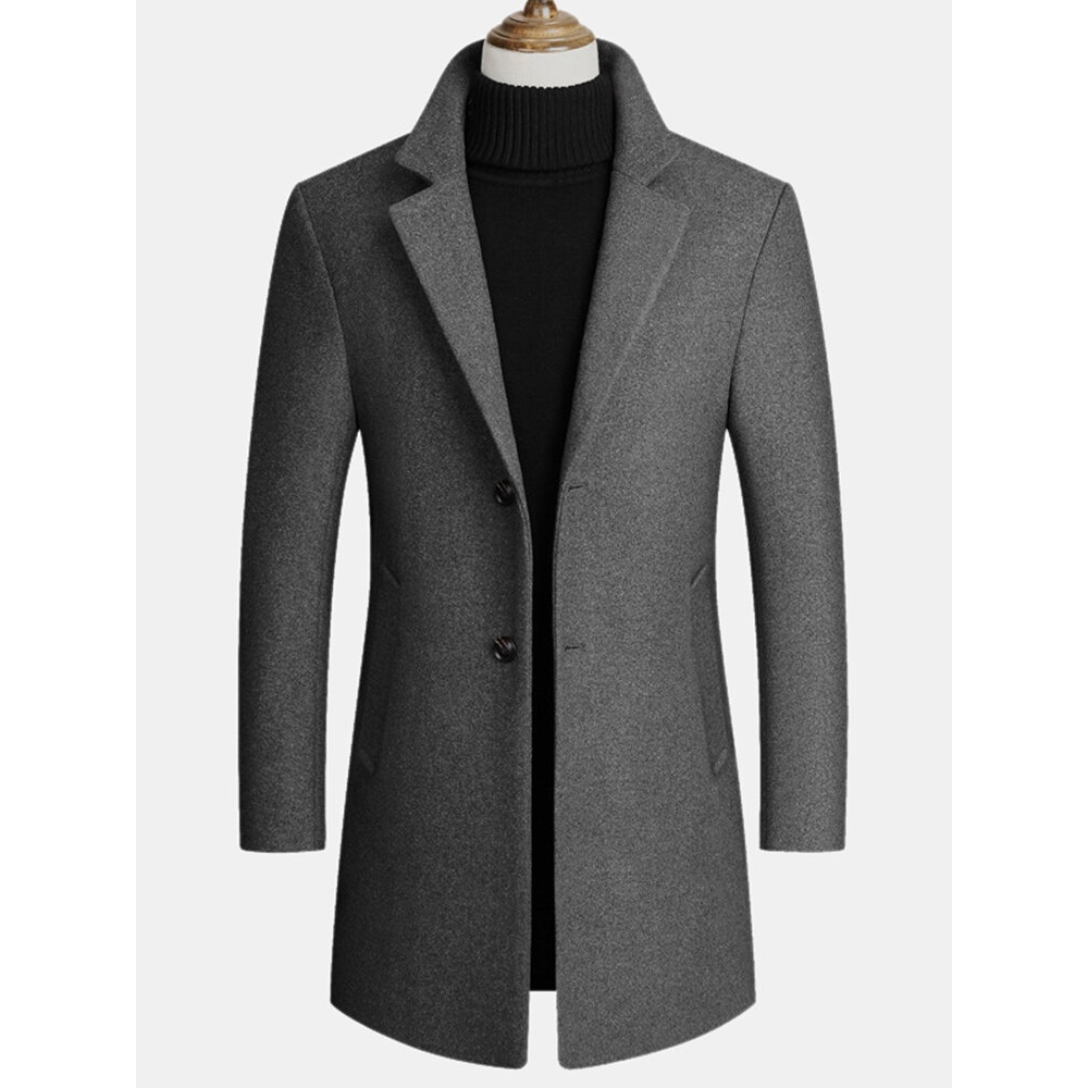 Mens Wool Blends Mid-Length Coats Business Casual Wool Trench Coats - Black XS