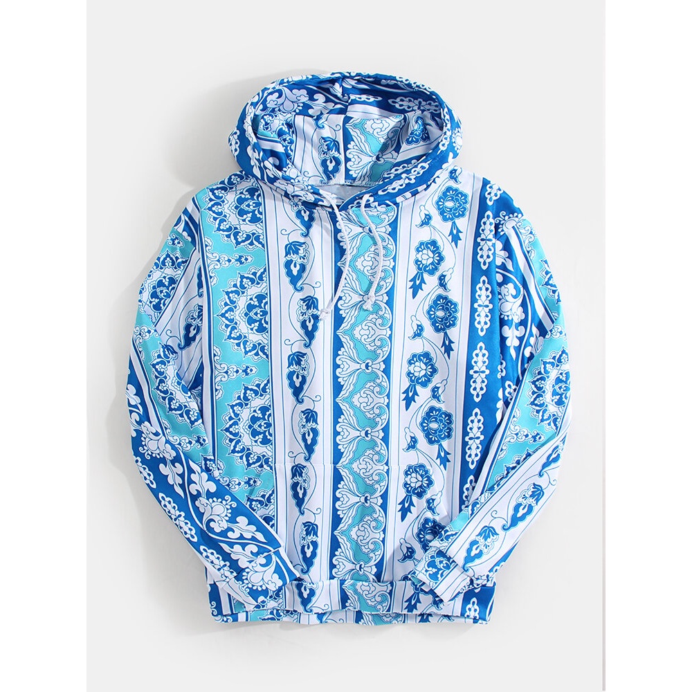 Mens Chinese Style Blue-And-White Porcelain Print Long Sleeve Kangaroo Pocket Hoodies - Blue L