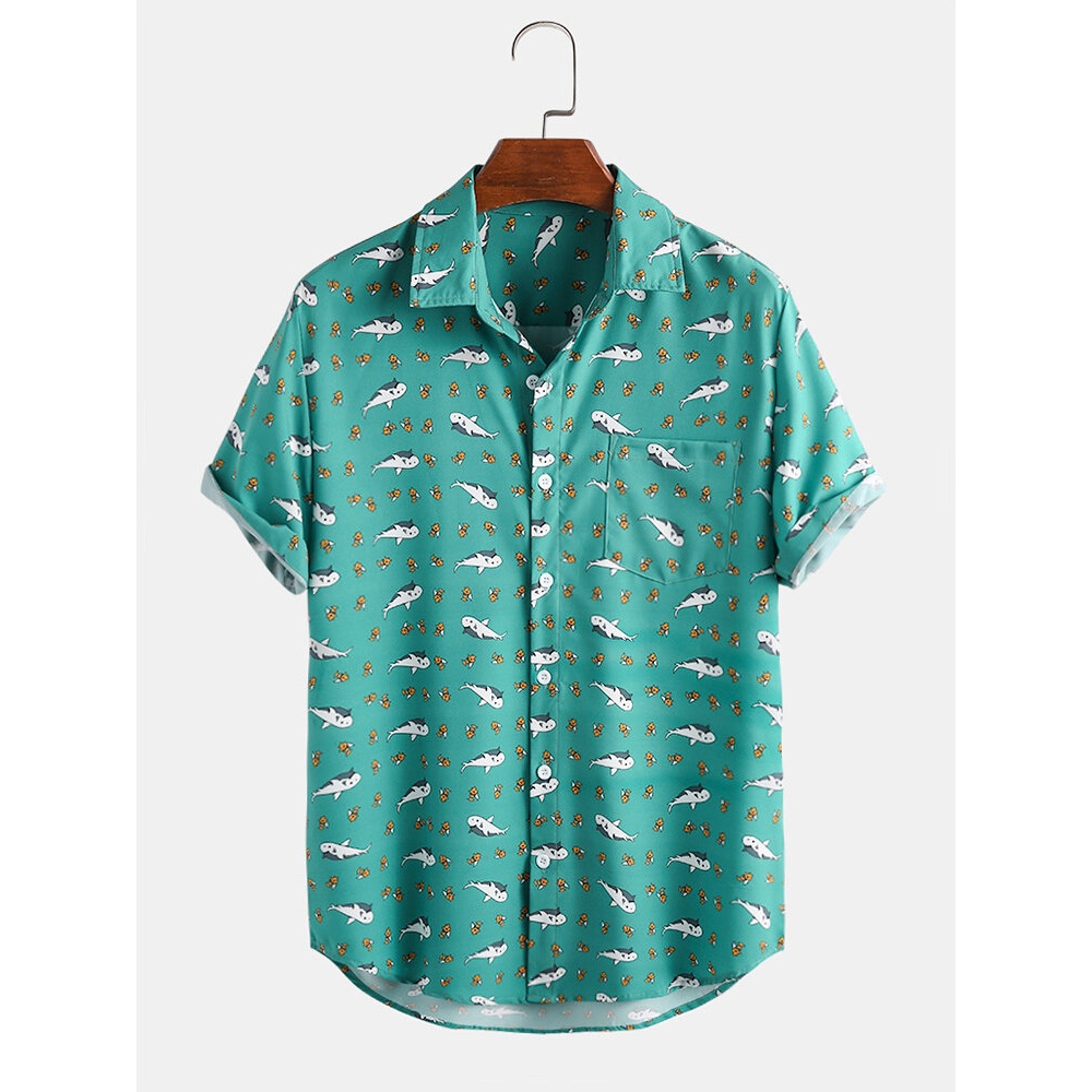 Mens New Fashion Casual Cartoon Print Turn Down Collar Short Sleeve Shirts - Green 2XL