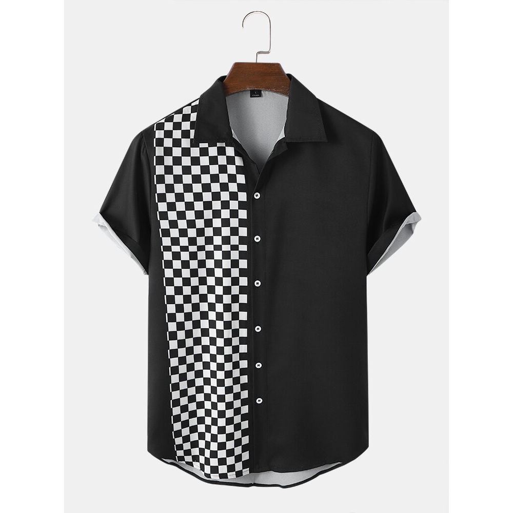 Men Checkerboard Patchwork Color Block Front Buttons Casual Shirts - Black M