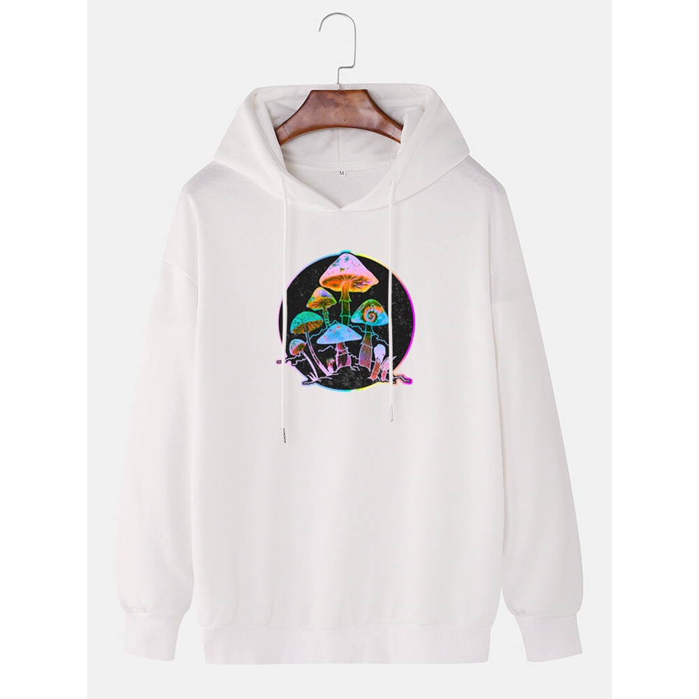 Mens Colorful Reflective Mushroom Print Relaxed Fit Pullover Hoodie - White M