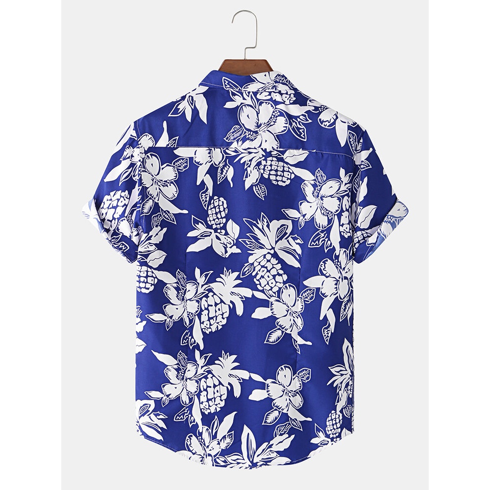 Men Tropical Plant Floral Print Turn Down Collar Short Sleeve Hawaii Beach Shirts - Black 2XL