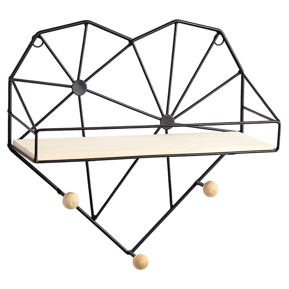 Heart Shaped Metal Wire & Wooden Rack Wall Unit Hanging Shelf - Black - Image 2