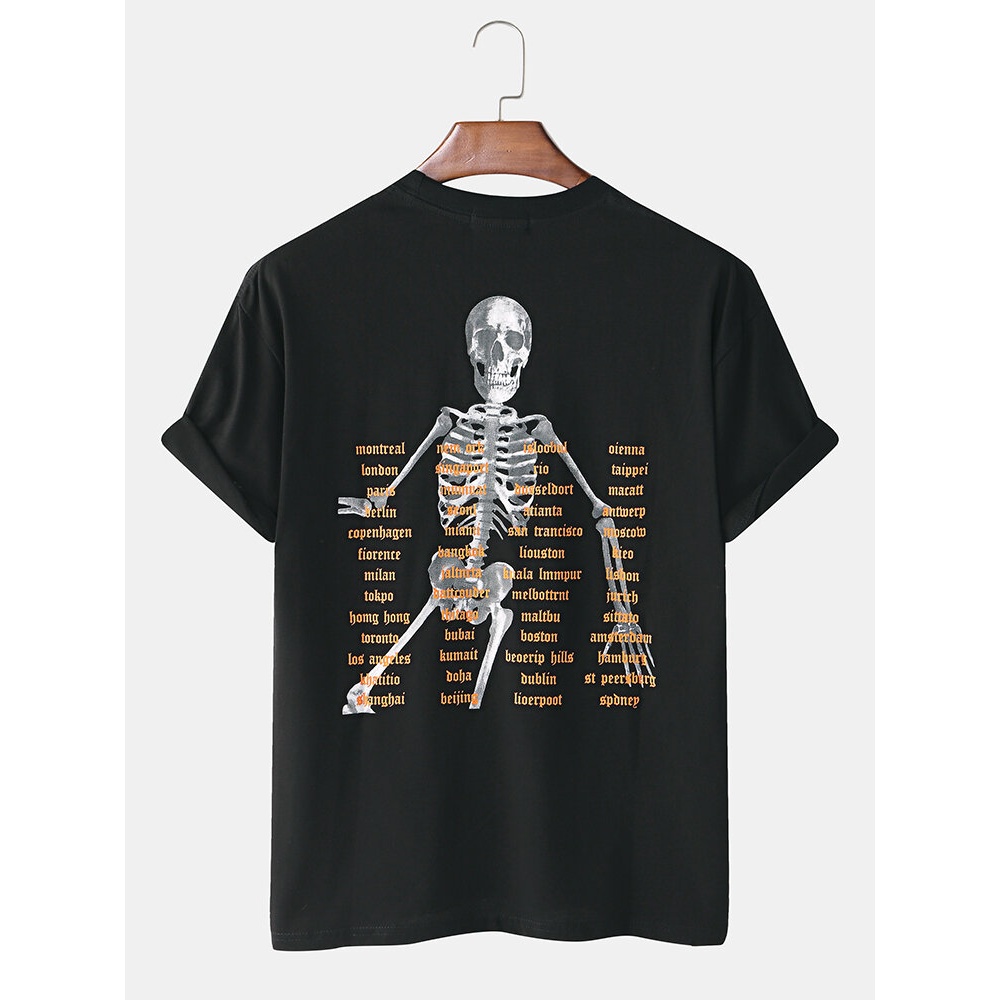 Cotton Mens Funny Skeleton Letter Print White Casual Short Sleeve T-Shirts - White M