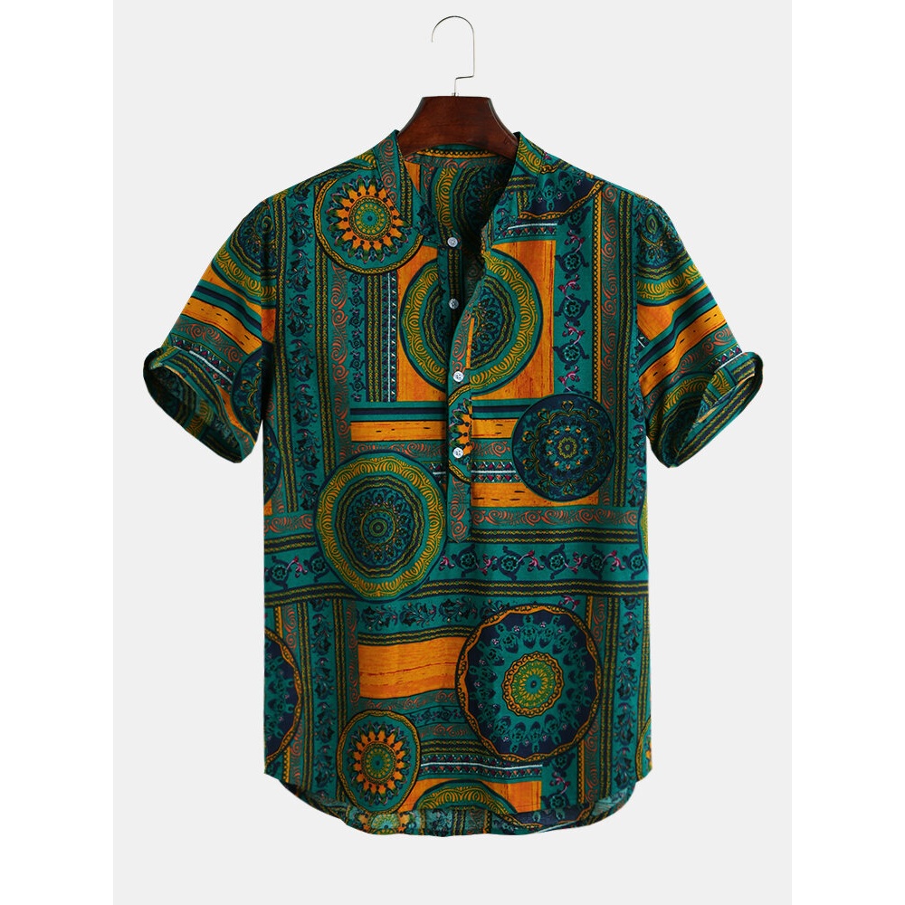 Mens Ethnic Style Printed Breathable Summer Henley Shirts - M Red