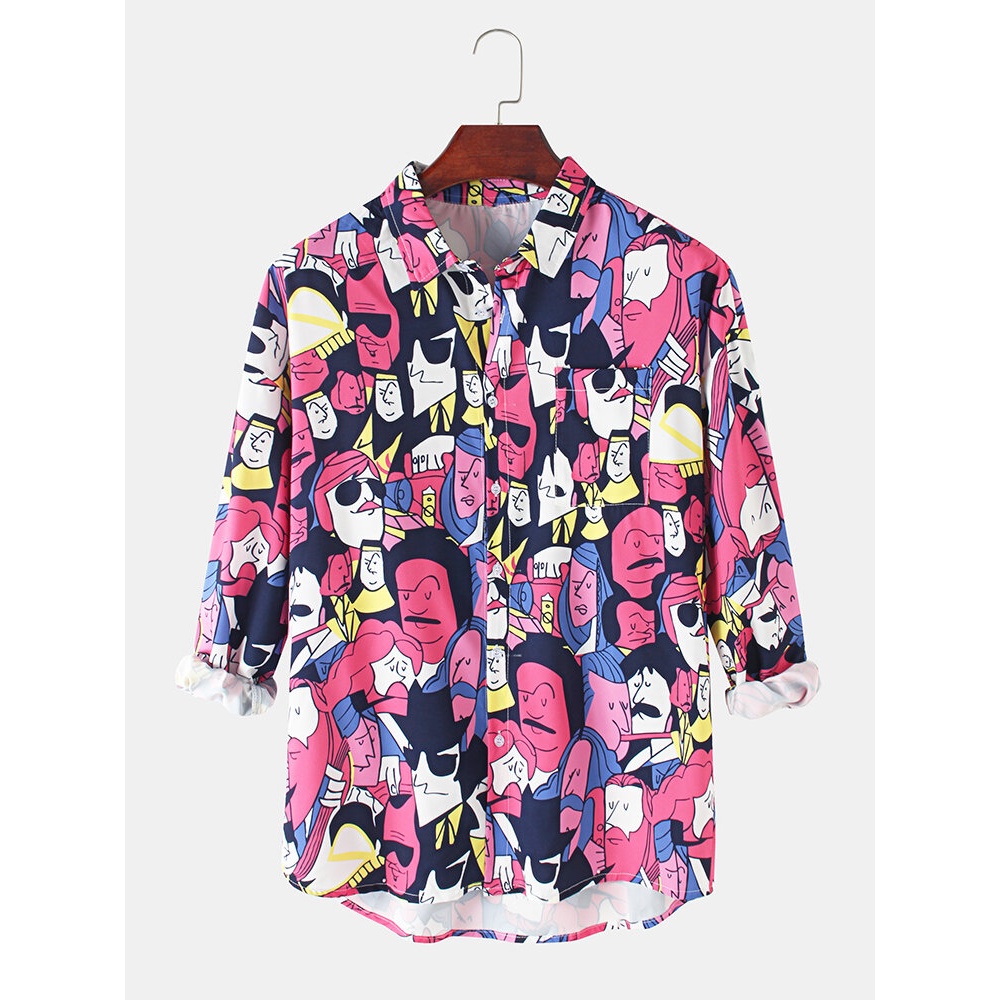 Mens Allover Abstract Figure Print Cotton Lapel Fit Long Sleeve Shirts With Pocket - Orange M